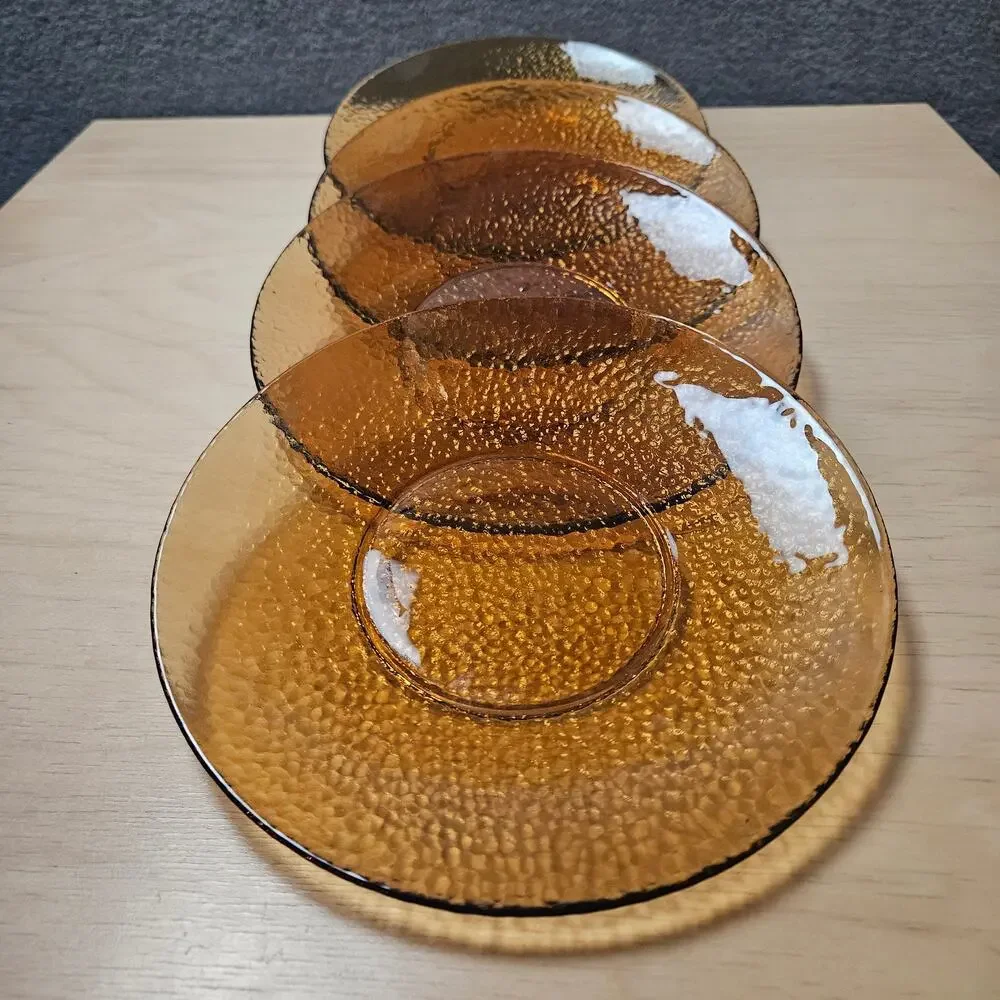 Set of 4 Vintage Amber Glass Salad Plates MCM Pebbled Textured Lunch 8.25
